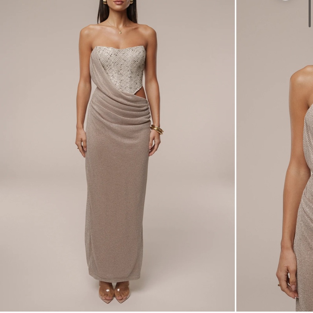 NEW with tags strapless Taupe-Beige Evening Gown with Draped Cutout Skirt JLUXE - Picture 3 of 4